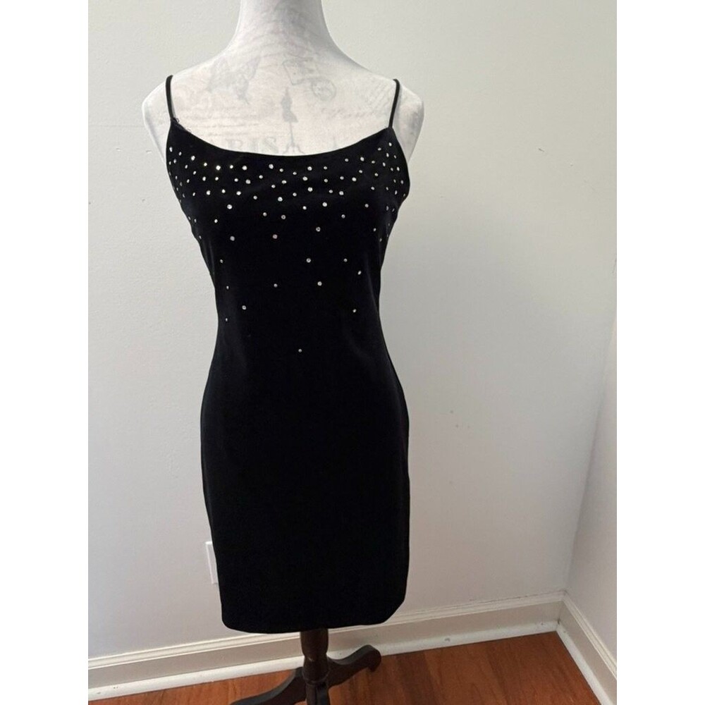Vintage 90s WhimsigothBlack Velvet Rhinestone Mini Dress Womens Size 7/8 Bodycon